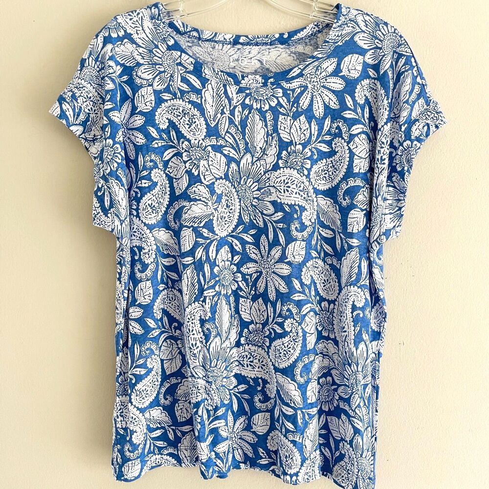LOFT Blue White Paisley Linen Tshirt Size S Short Sleeves Travel Summer Vacation